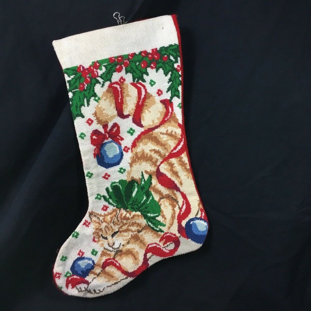 Completed Something Special 30634 Contented Cat Needlepoint Christmas Stocking